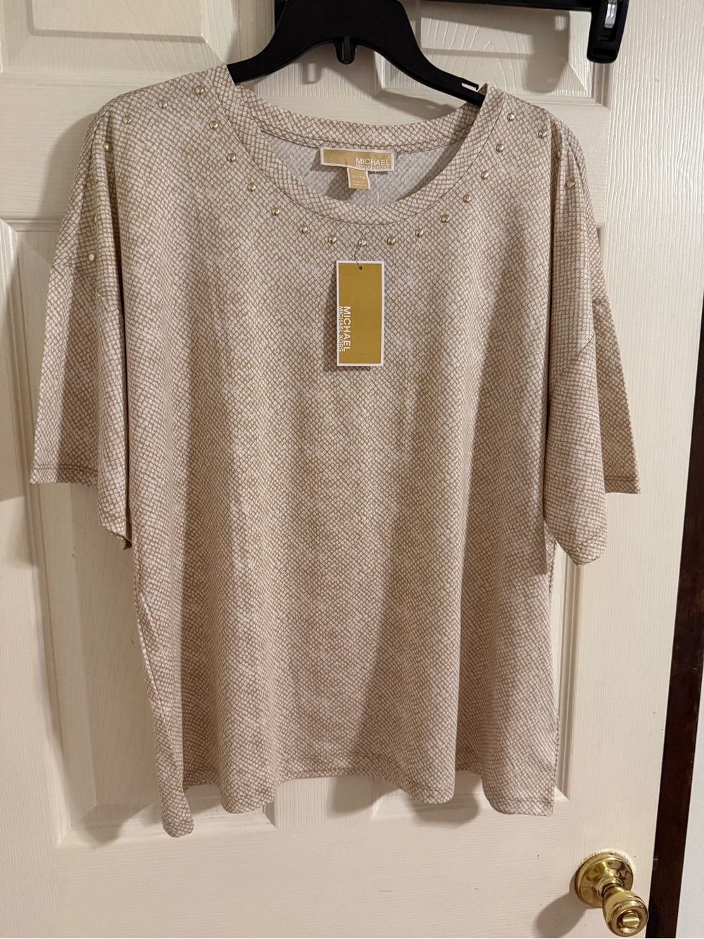 Michael Kors Taupe Textured Short-Sleeve Top with Neck Studs